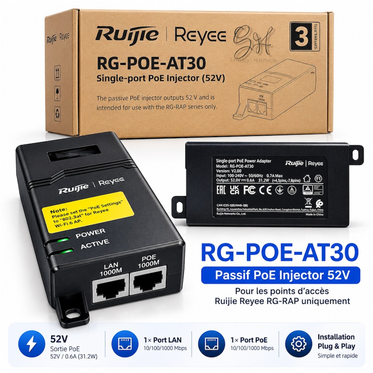 Ruijie Reyee RG-POE-AT30 - Injecteur PoE Gigabit 52V 30W